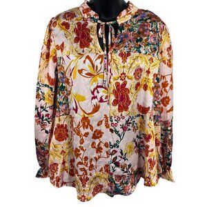 Jodifl Top Blouse Size Large L Floral Brown Tie High Neck Ruffle Long Sleeve New